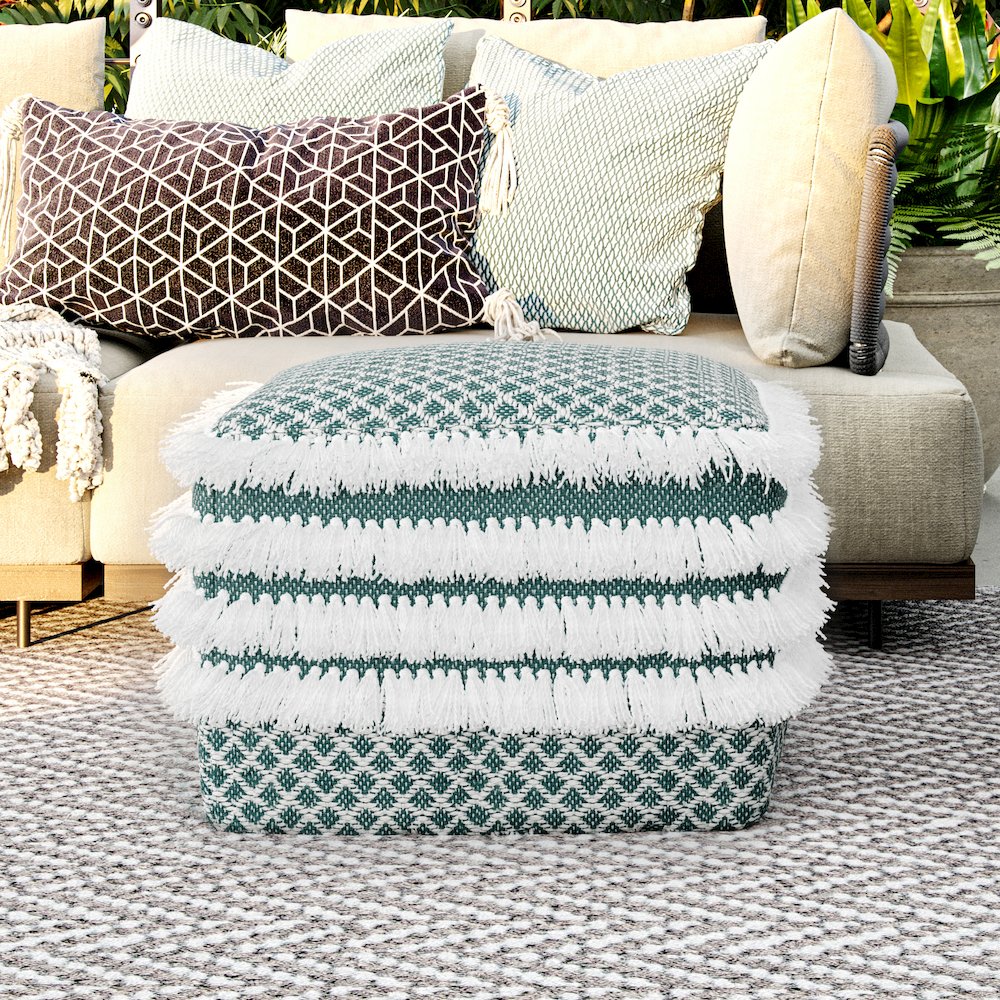 Leah Square Woven Outdoor Pouf in Turquoise and White Recycled PET Polyester. Picture 6