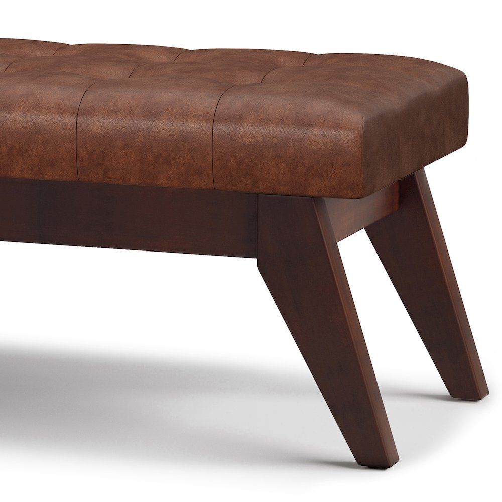 Draper Solid Wood Mid Century Tufted Ottoman Bench In Distressed Saddle Brown. Picture 4