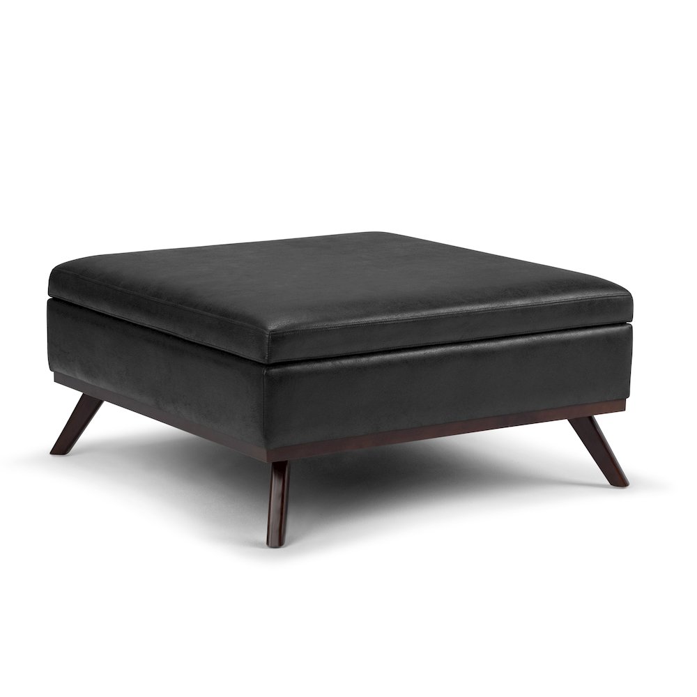 Owen Square Coffee Table Storage Ottoman In Distressed Black Vegan Faux Leather. Picture 1