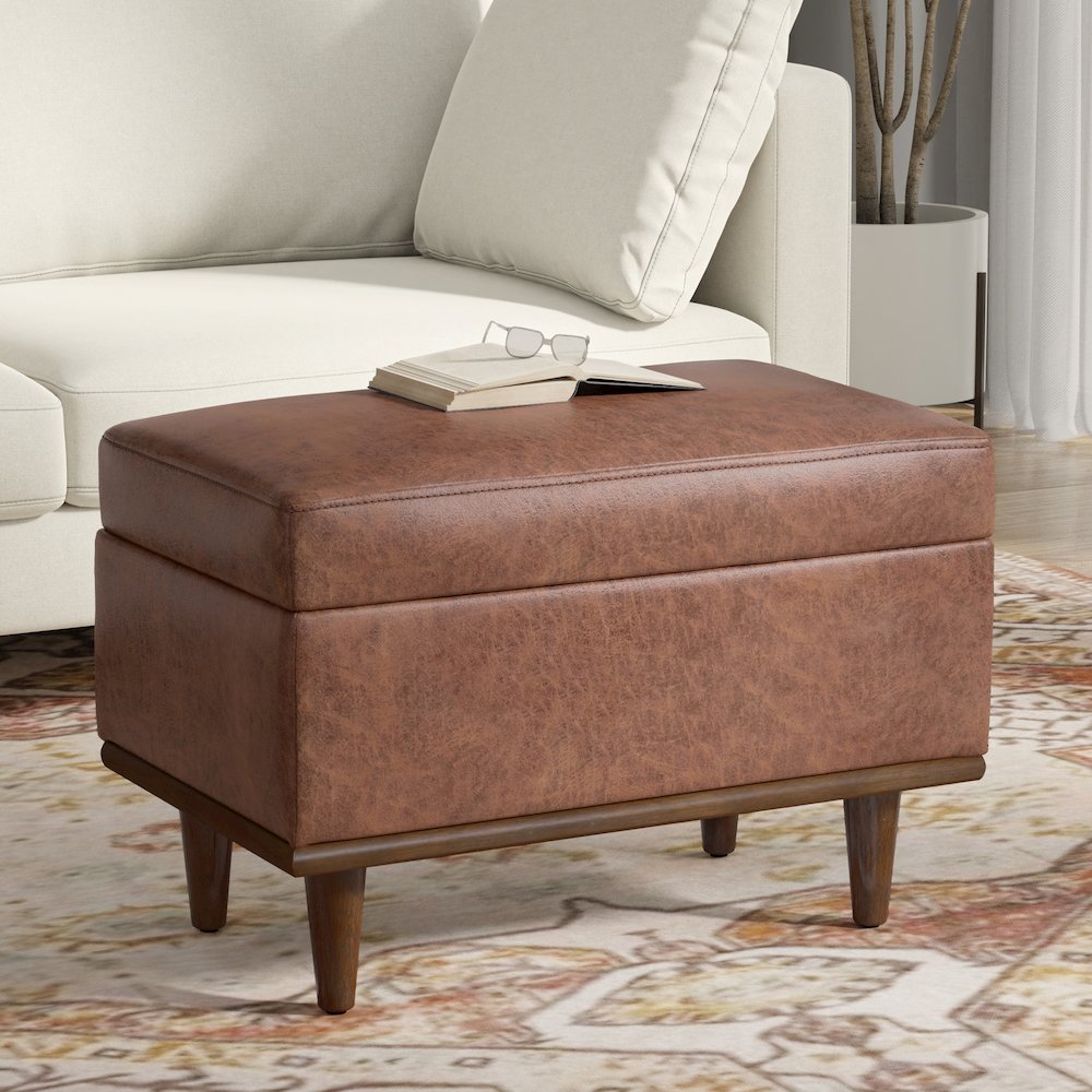 Small Storage Ottoman In Distressed Saddle Brown Vegan Faux Leather. Picture 7