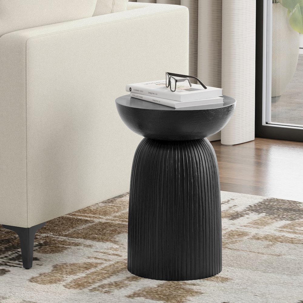 Boyd 13 inch Wide Solid Mango Contemporary Line Accent Table in Black. Picture 2