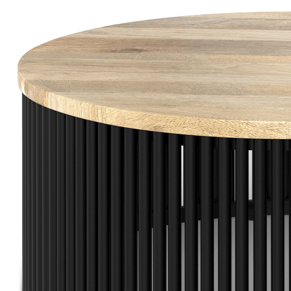 35 Inch Wide Round Industrial Contemporary Coffee Table In Natural, Black. Picture 3