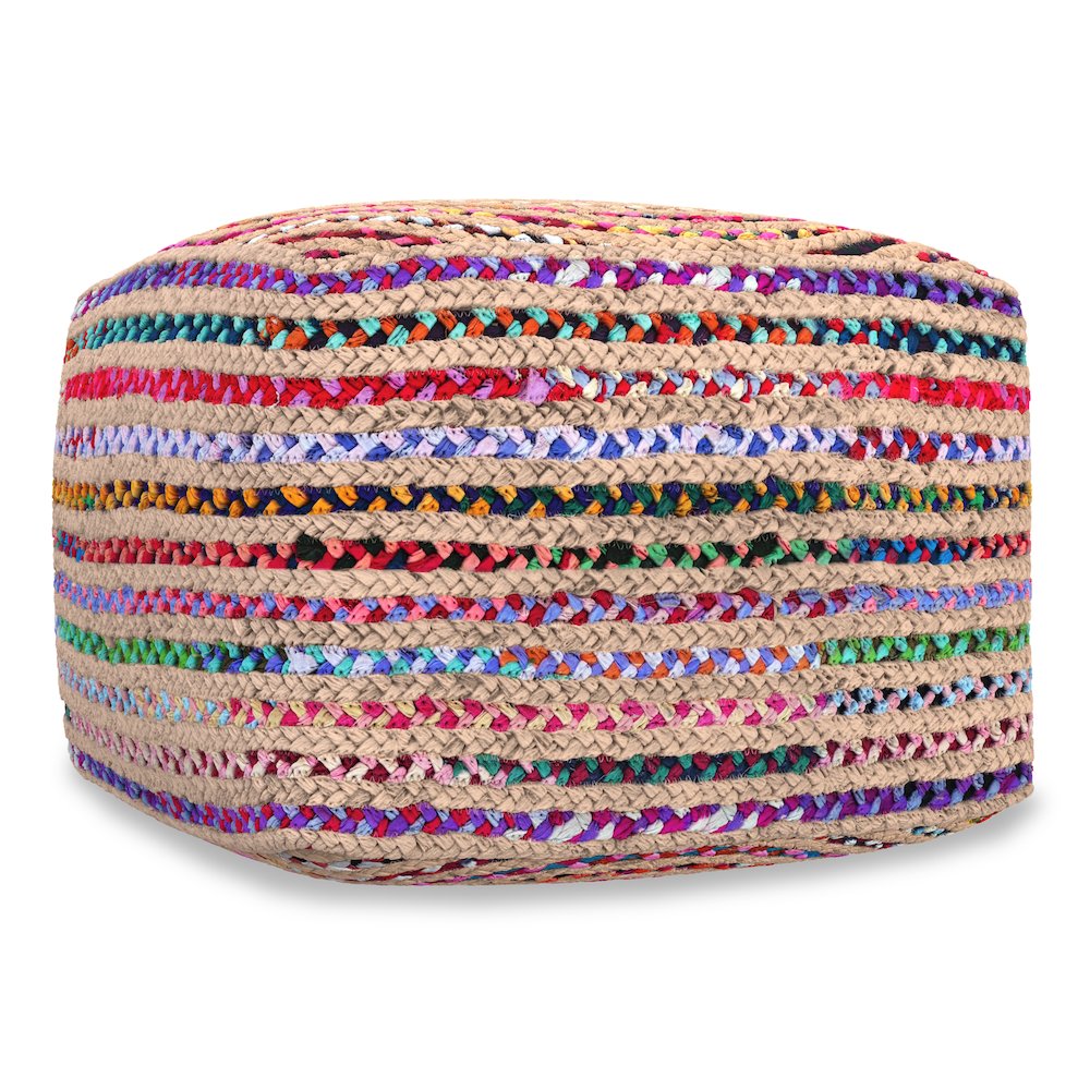 Margo 20 inch Wide Boho Pouf in Multicolor Natural Jute/Cotton Chindi, Assembled. Picture 2