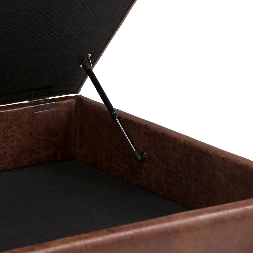 Coffee Table Storage Ottoman In Distressed Saddle Brown Vegan Faux Leather. Picture 2