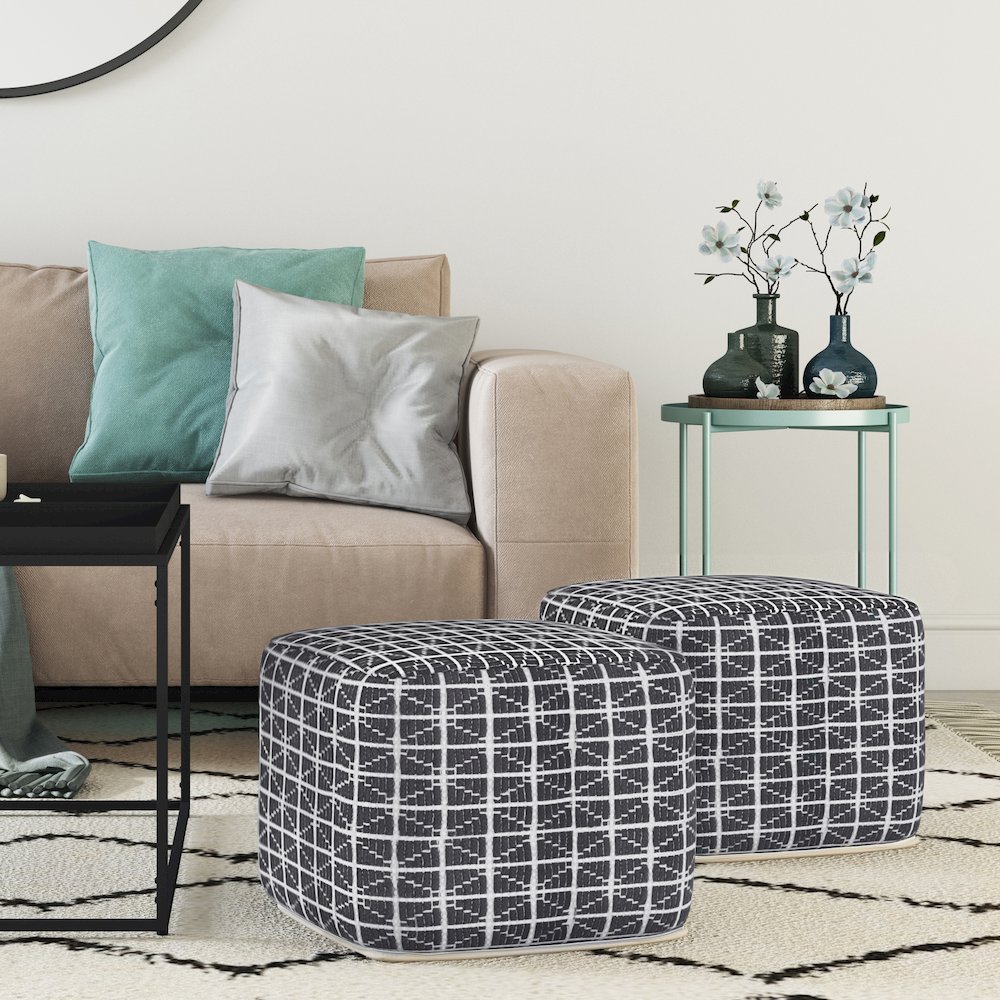 Noreen Square Pouf In Slate Grey And White Handloom Woven Pattern. Picture 5