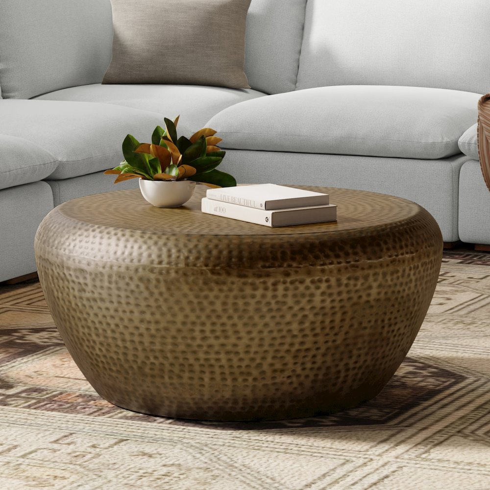 36 inch Wide Modern Industrial Coffee Table in Antique Gold Iron, Assembled. Picture 6