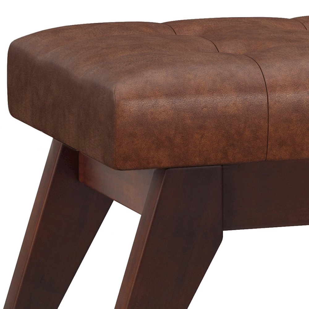 Draper Solid Wood Mid Century Tufted Ottoman Bench In Distressed Saddle Brown. Picture 2
