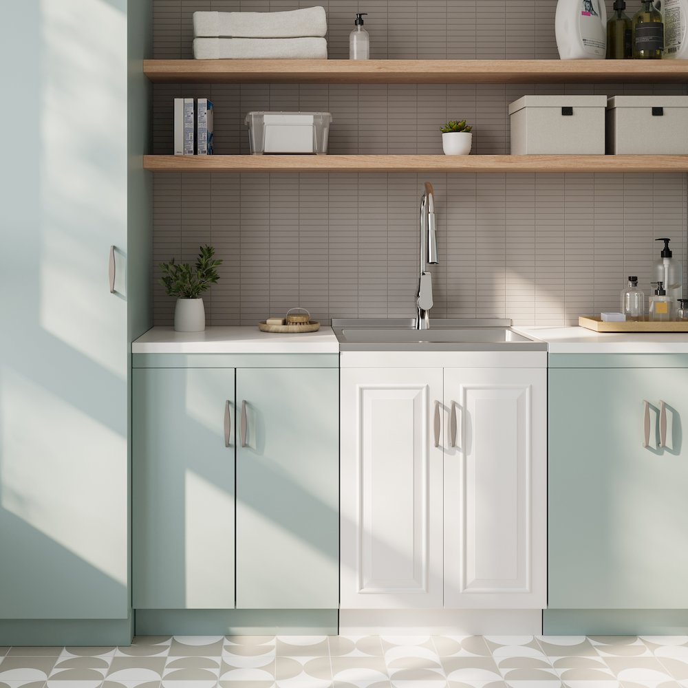 24 Inch Laundry Cabinet With Pull-Out Faucet And Stainless Steel Sink In White. Picture 5