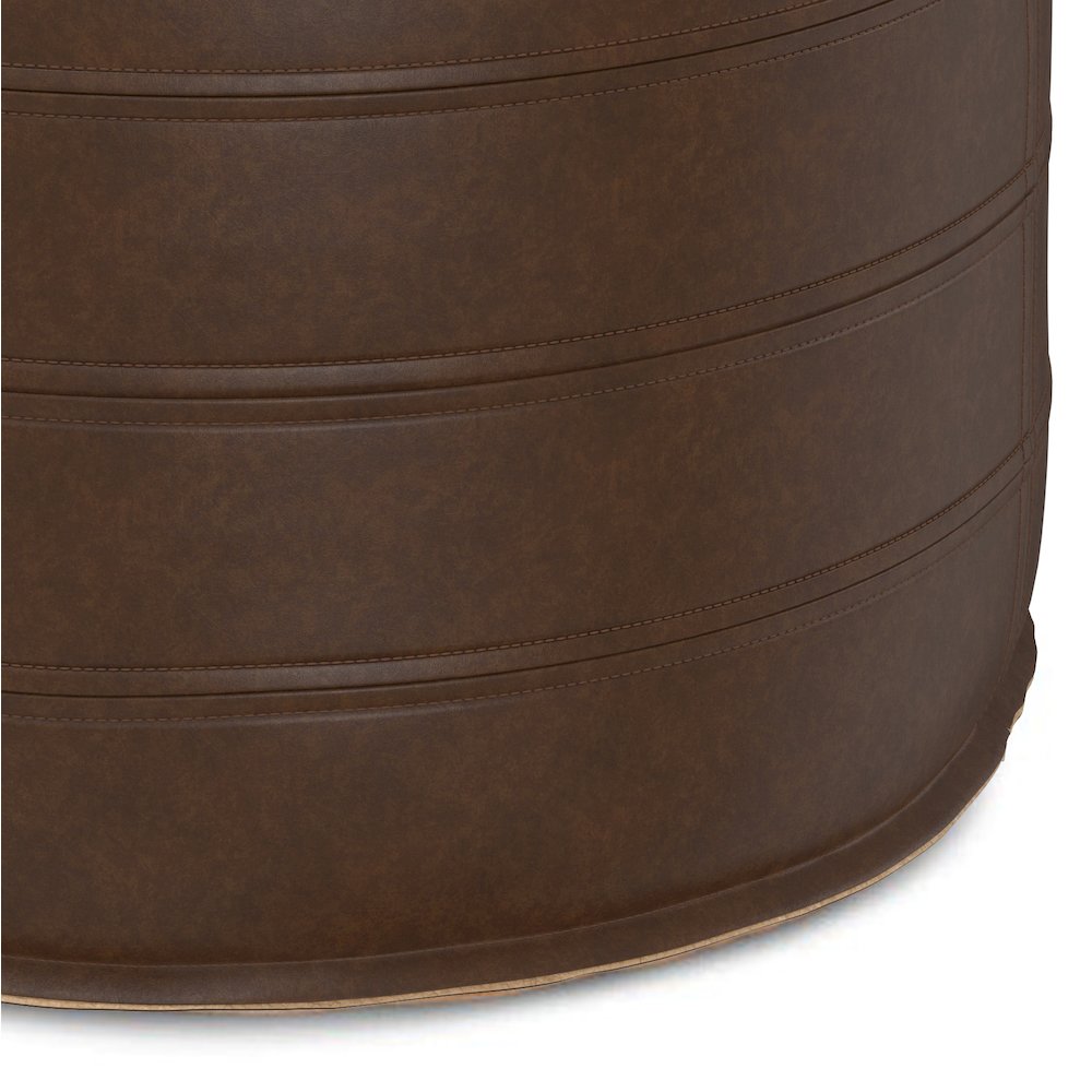 Brody 20 Inch Round Pouf In Distressed Dark Brown Vegan Faux Leather. Picture 4
