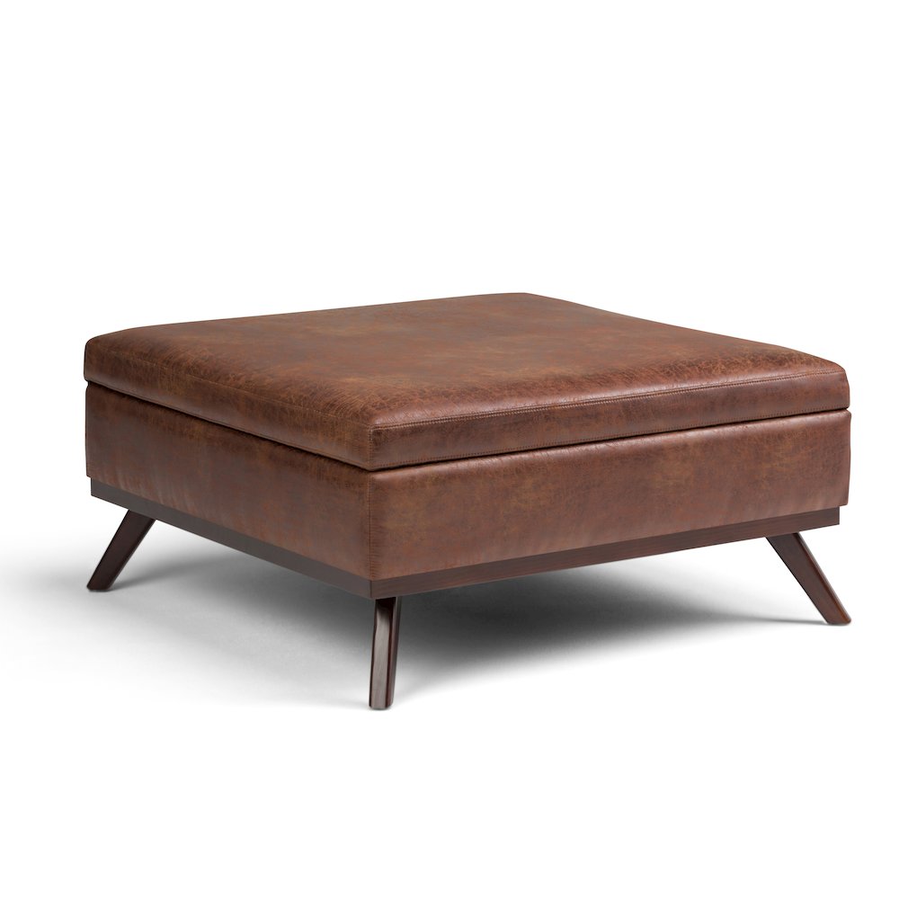 Coffee Table Storage Ottoman In Distressed Saddle Brown Vegan Faux Leather. Picture 1