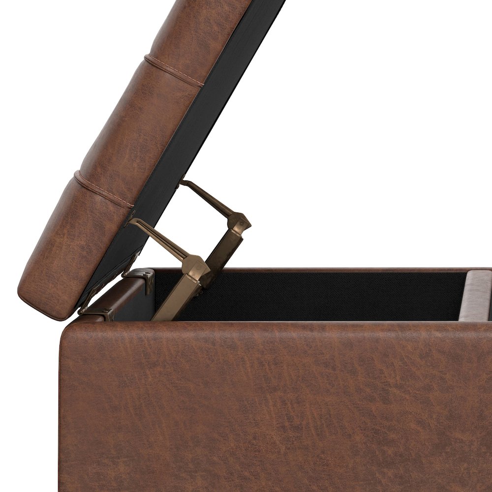 Laura Mid Century Lift Top Storage Ottoman in Distressed Saddle Brown. Picture 14