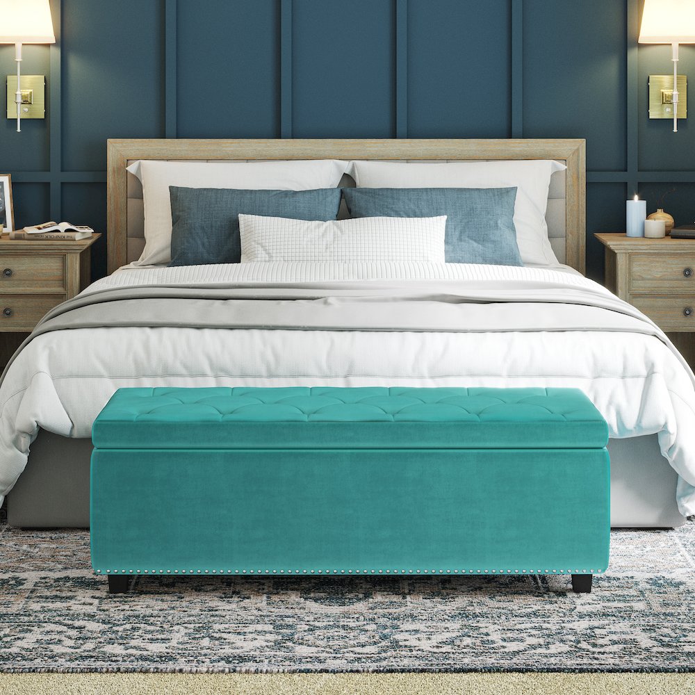 Hamilton Storage Ottoman In Aqua Blue Velvet Fabric. Picture 5