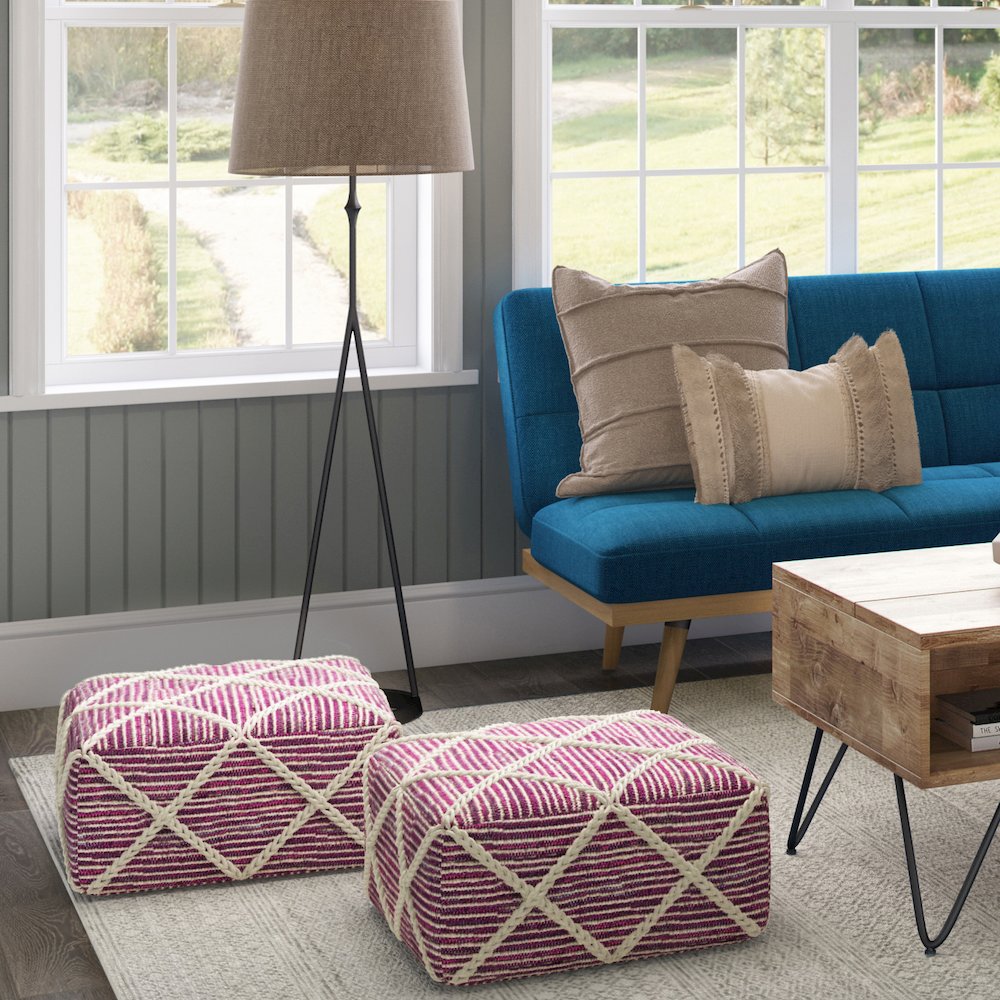Cowan Square Pouf in Magenta and Natural Handloom Woven. Picture 9
