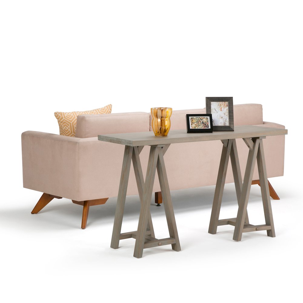 Sawhorse Solid Wood Console Sofa Table In Distressed Grey. Picture 5
