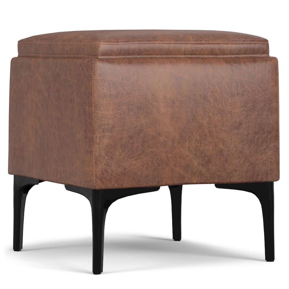 Natasha Storage Ottoman With Tray In Distressed Saddle Brown  Vegan Faux Leather. Picture 2
