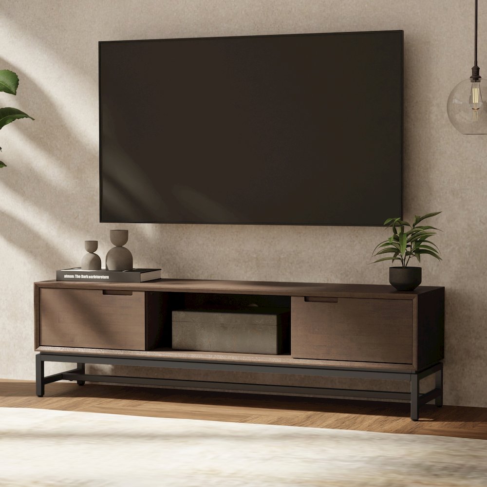 72 Inch Low Tv Stand In Walnut Brown For Tvs Up To 80 Inches. Picture 5