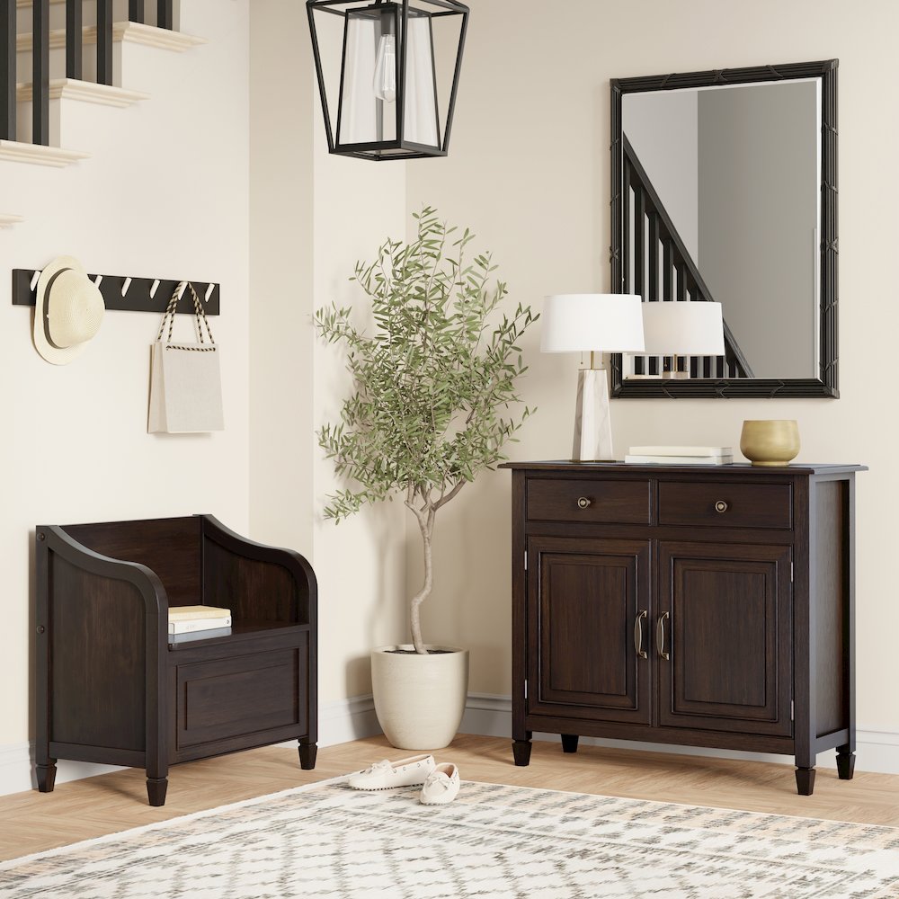 30"W Small Storage Bench and 40"W Storage Cabinet in Dark Chestnut Brown. Picture 6
