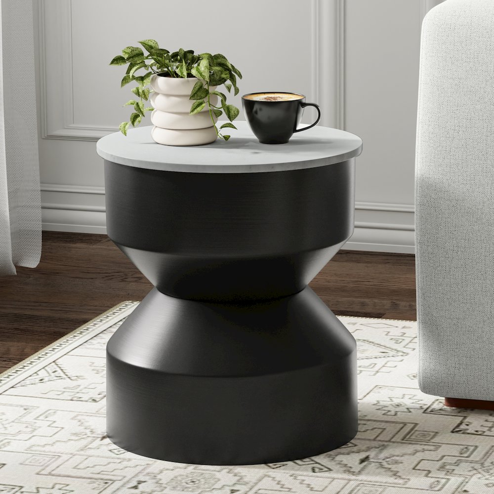 16 inch Wide Genuine Marble Top Modern Metal End Table in Black/White, Assembled. Picture 6