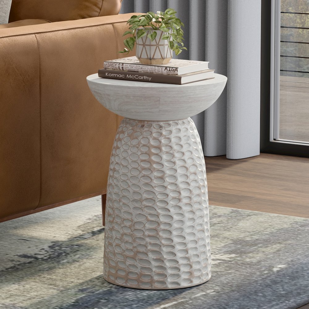 Boyd 16 inch Wide Solid Mango Contemporary Tall Accent Table in White Wash. Picture 2