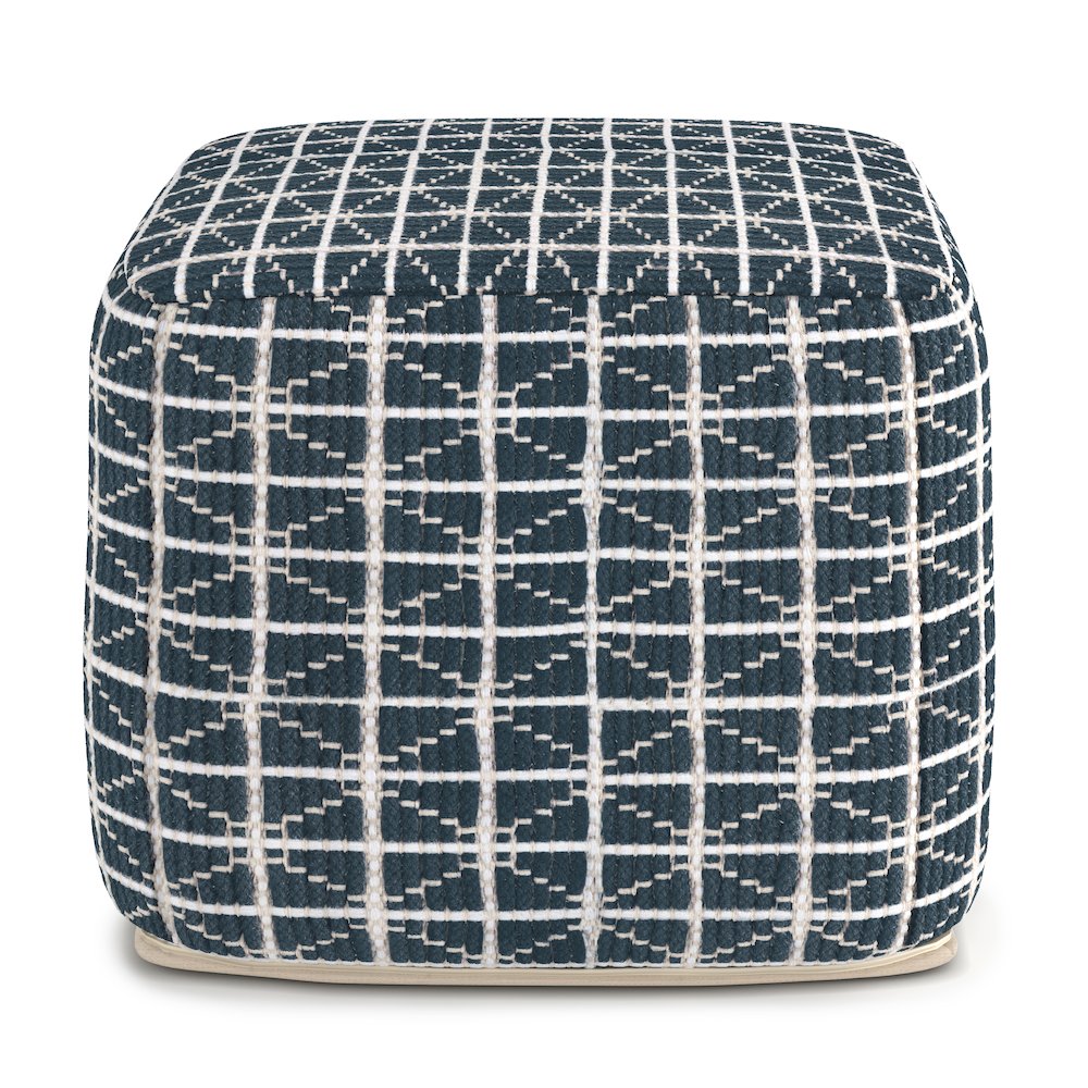 Noreen Square Pouf In Dark Blue And White Handloom Woven Pattern. Picture 2