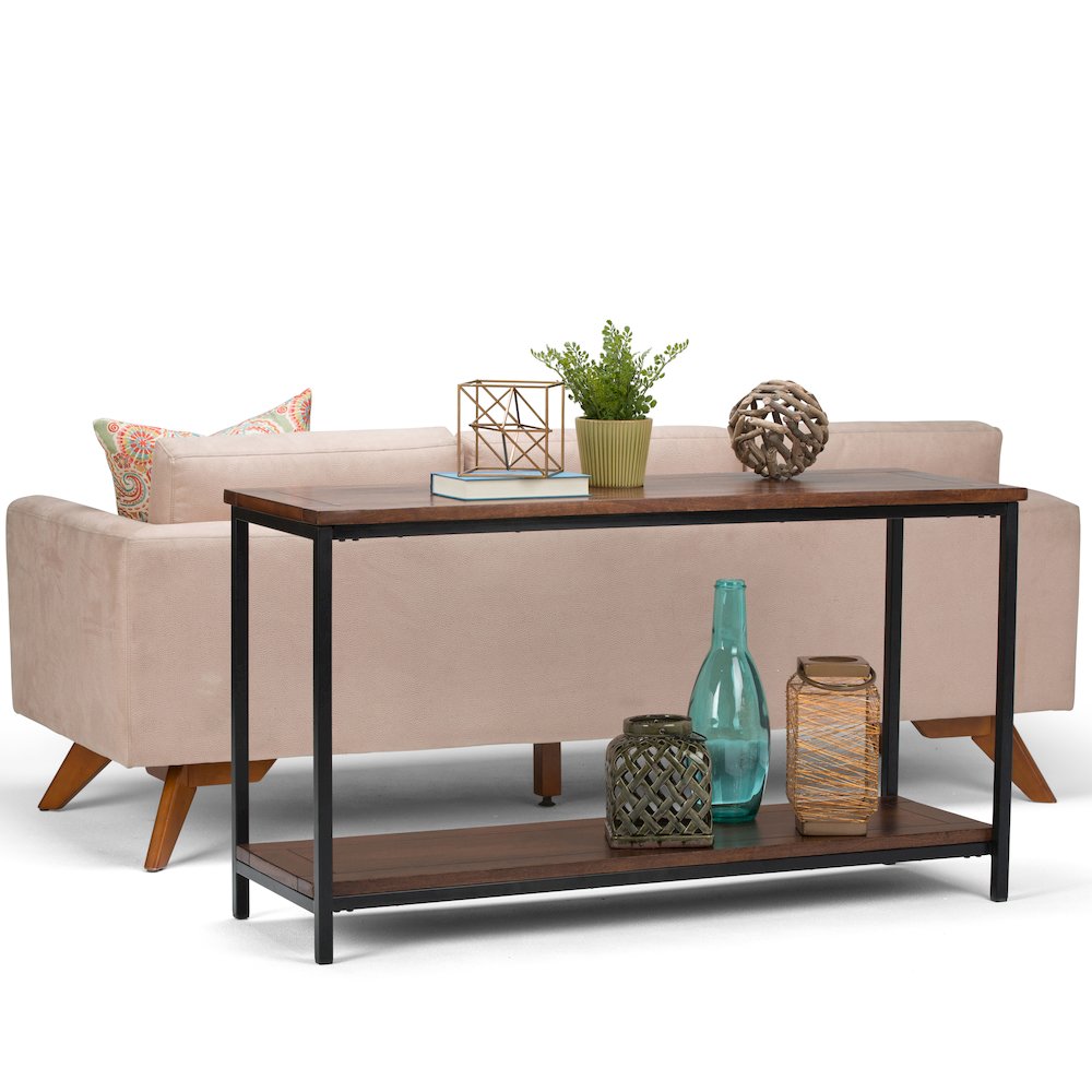 Skyler Solid Mango Wood Console Sofa Table In Dark Cognac Brown. Picture 5