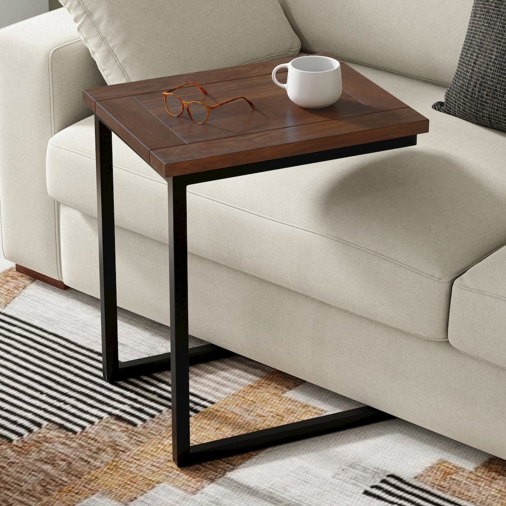 16 inch Wide Solid Mango/Metal C Side Table in Walnut Brown/Black, Assembled. Picture 5