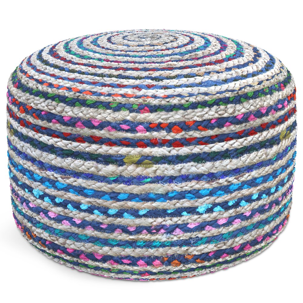 Margo Round Pouf In Blue Braided Jute. Picture 1