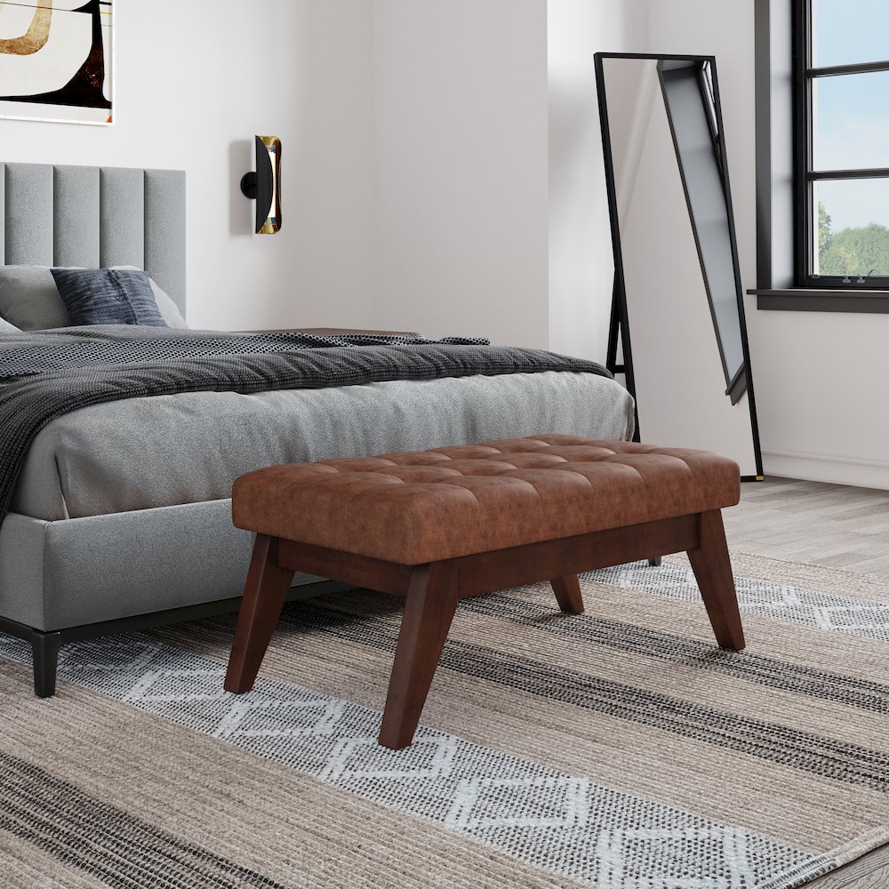 Draper Solid Wood Mid Century Tufted Ottoman Bench In Distressed Saddle Brown. Picture 5