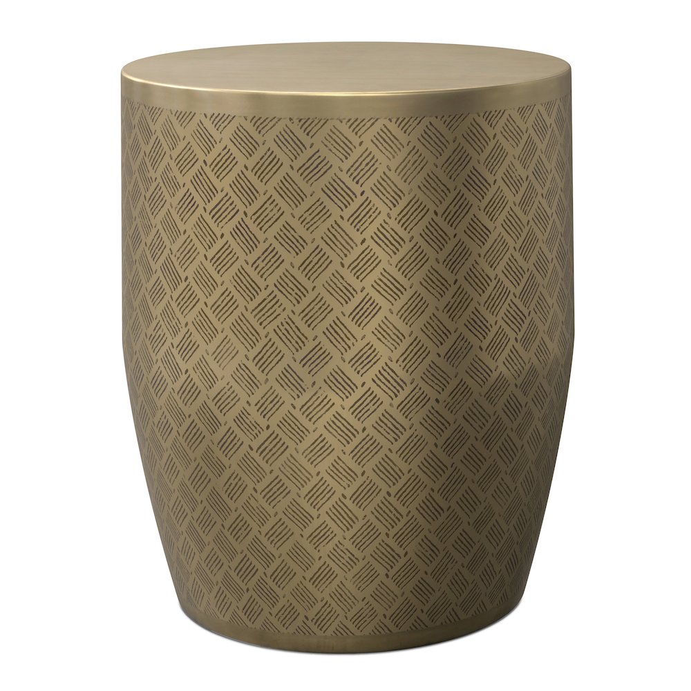 18"W Boho Cross Hatch Pattern Metal Accent Table in Antique Gold Iron, Assembled. Picture 1