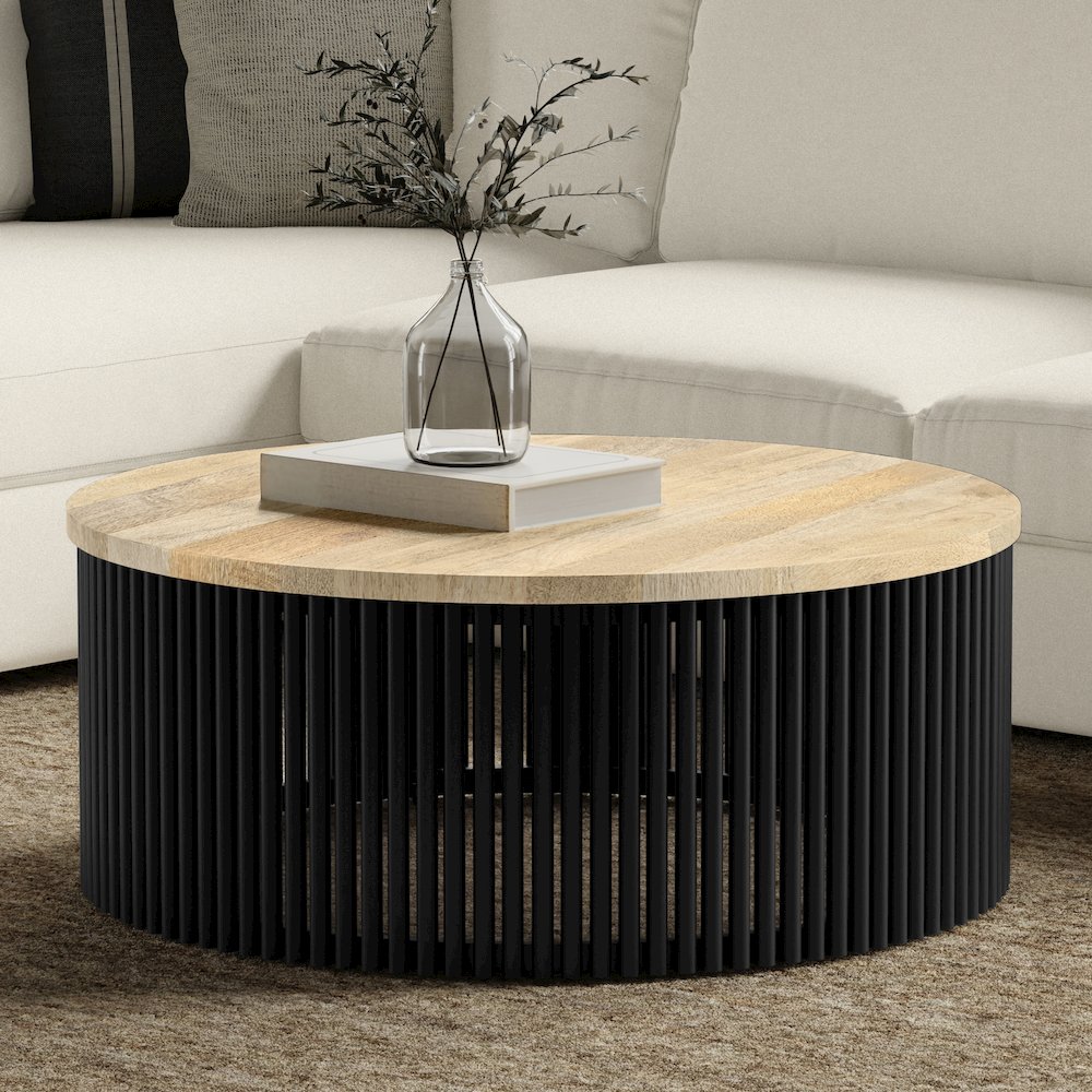 35 Inch Wide Round Industrial Contemporary Coffee Table In Natural, Black. Picture 6