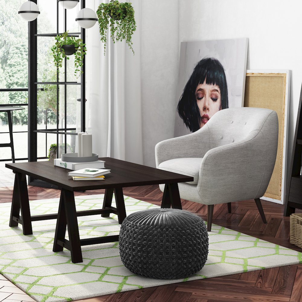 Renee Round Pouf In Slate Grey Velvet Fabric. Picture 4