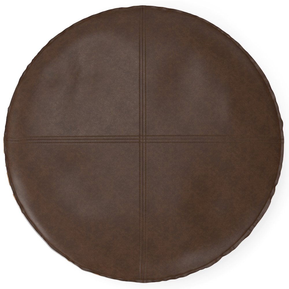Round Coffee Table Pouf In Distressed Dark Brown Vegan Faux Leather. Picture 3