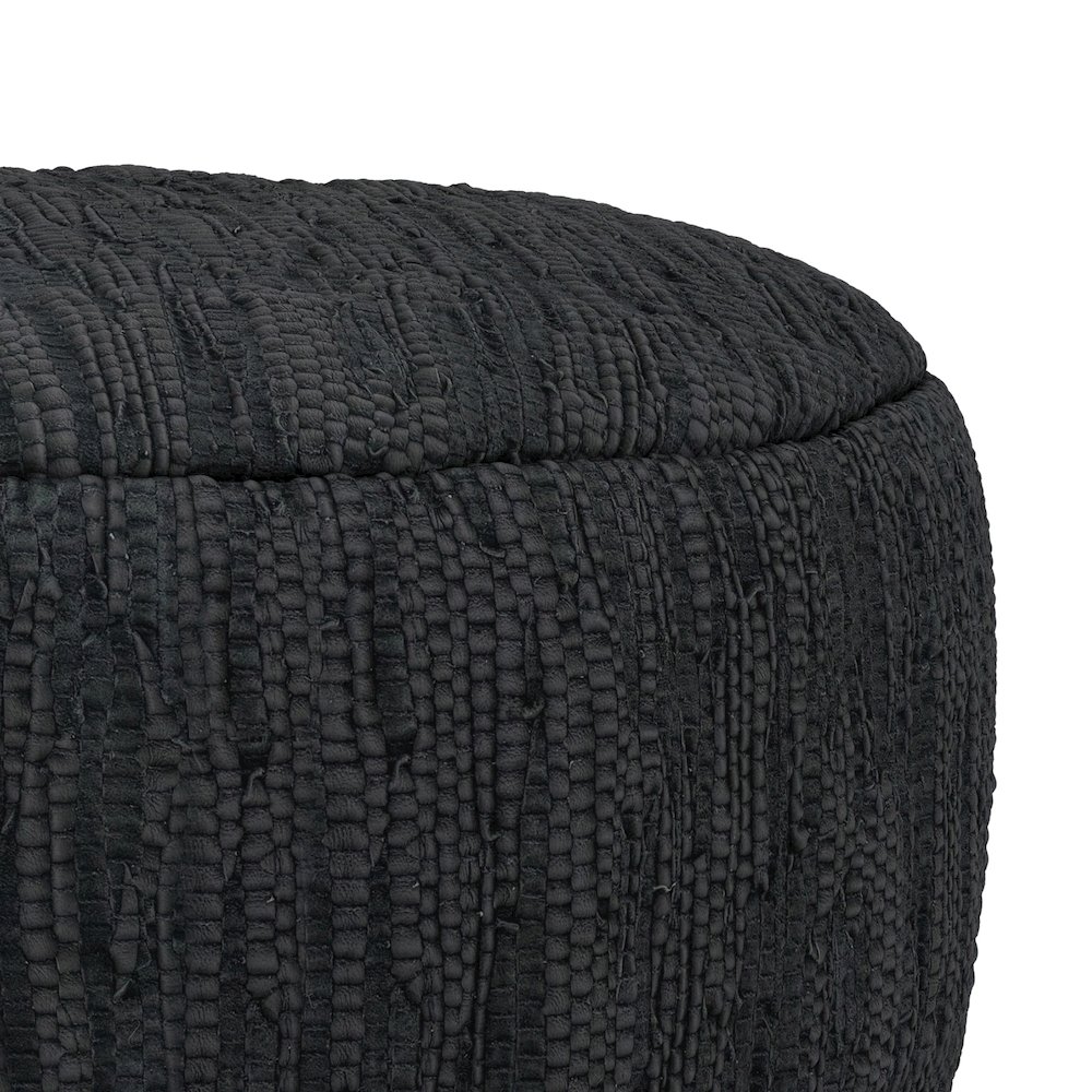 Fredrik 30 inch Wide Boho Pouf in Black Genuine Woven Leather, Assembled. Picture 5