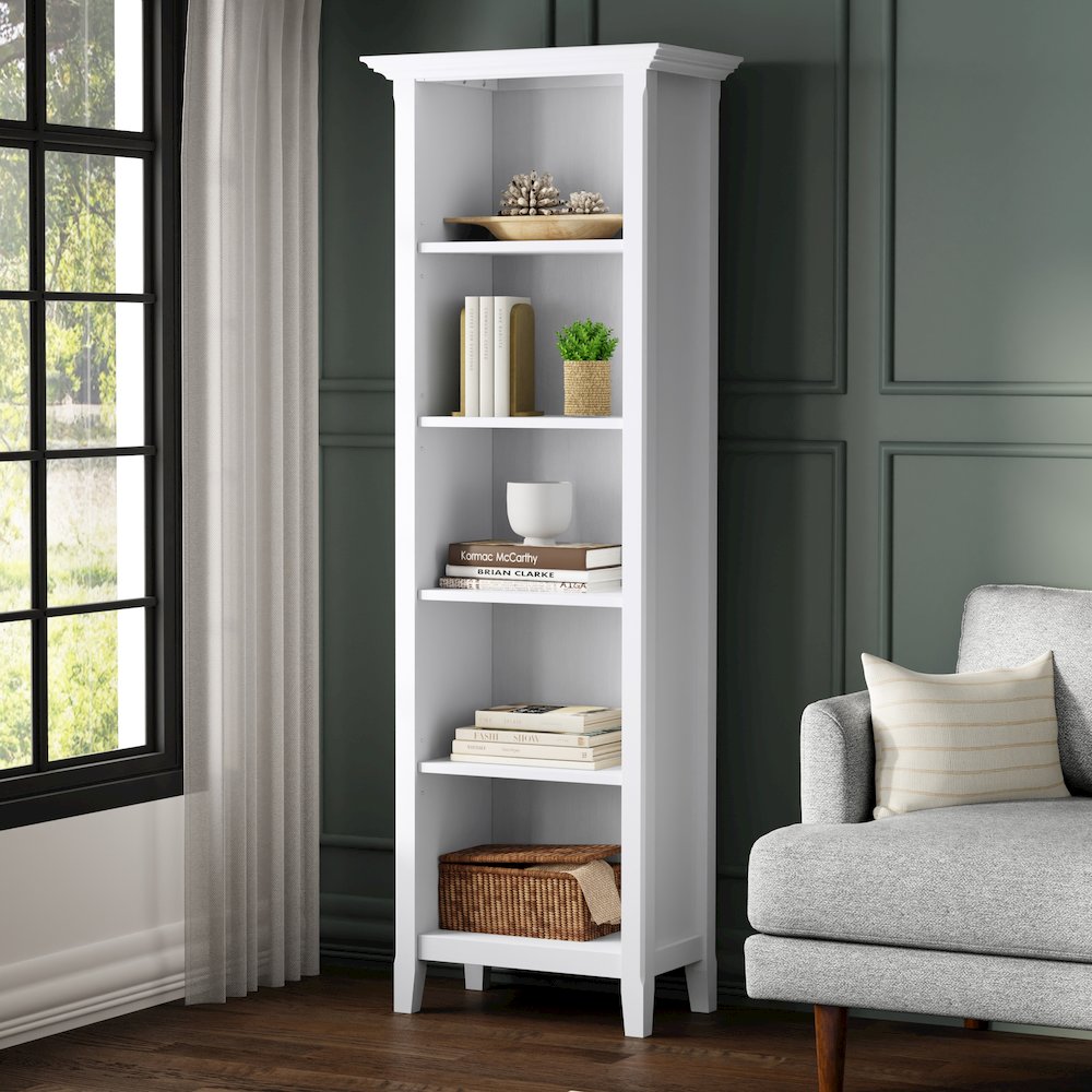 Amherst 24 inch Wide Solid Wood Transitional 5 Shelf Bookcase in White. Picture 6