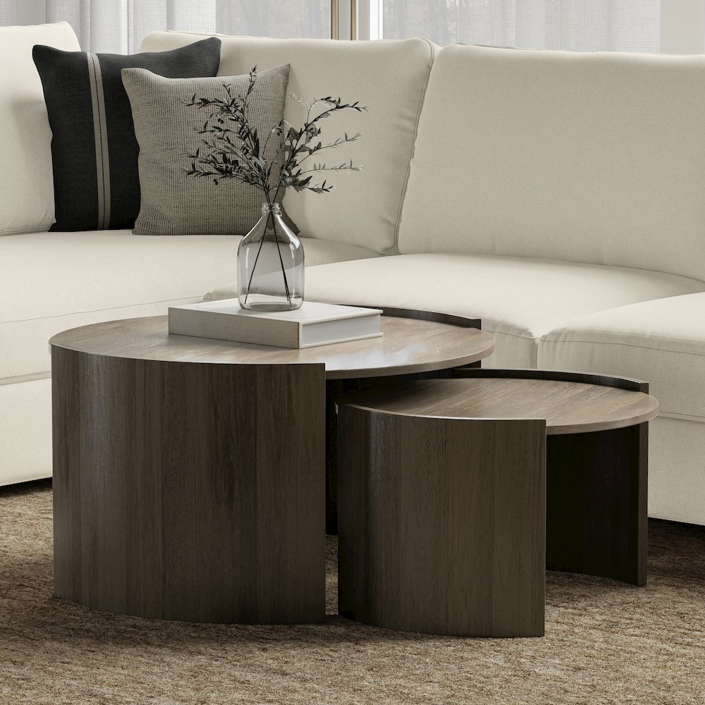 Solid Mango Wood 32In Wide Round Contemporary 2 Piece Nesting Table In Ash Grey. Picture 7
