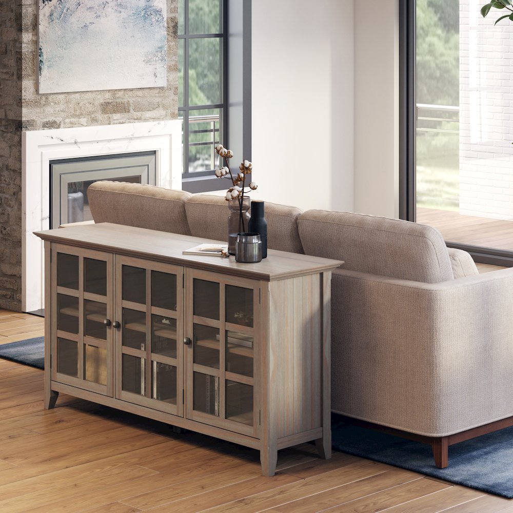 Acadian Solid Wood Wide Storage Cabinet In Distressed Grey. Picture 5