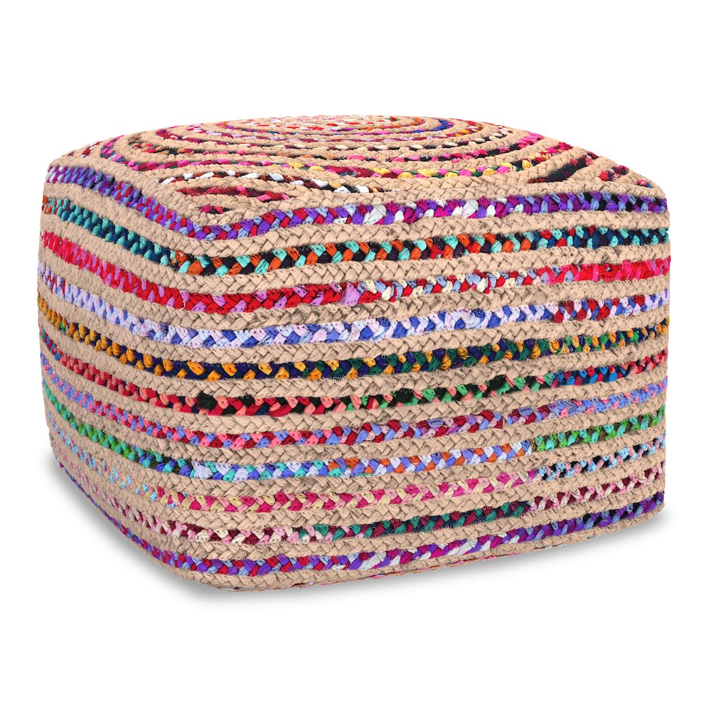 Margo 20 inch Wide Boho Pouf in Multicolor Natural Jute/Cotton Chindi, Assembled. Picture 1