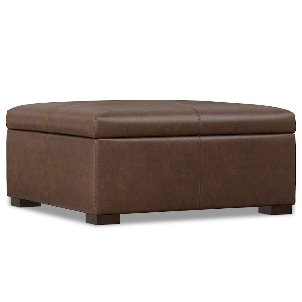 Square Square Coffee Table Storage Ottoman In Distressed Chestnut Brown. Picture 1