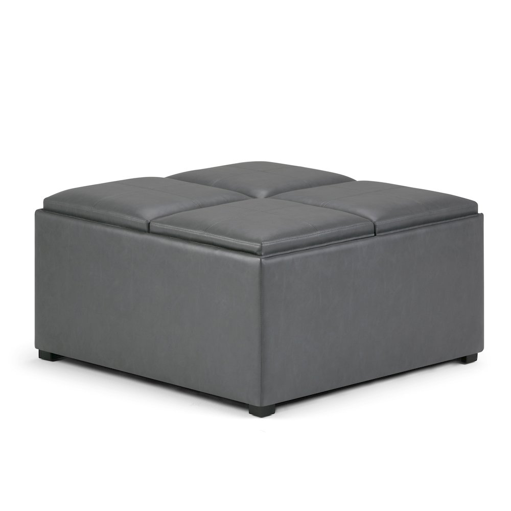 Avalon Square Coffee Table Storage Ottoman In Stone Grey Vegan Faux Leather. Picture 1