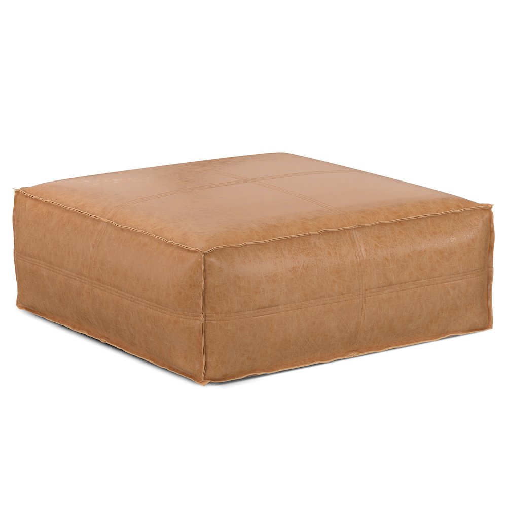 Brody Extra Large Coffee Table Pouf In Distressed Brown Vegan Faux Leather. Picture 1