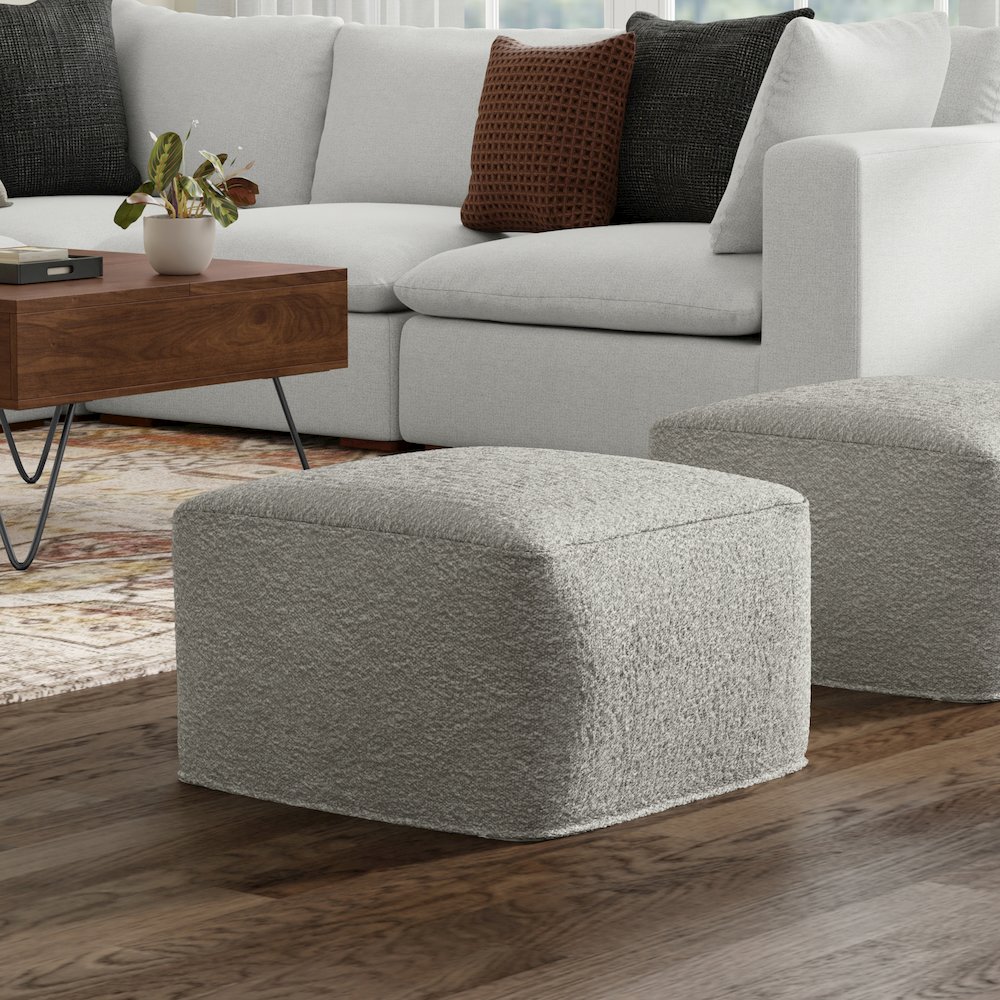Chantal 24 inch Wide Contemporary Pouf in Light Grey Boucle Fabric. Picture 6
