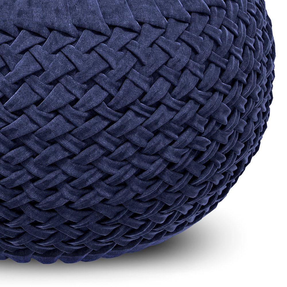 Grafton Velvet Round Pouf in Dark Blue Velvet Fabric. Picture 4