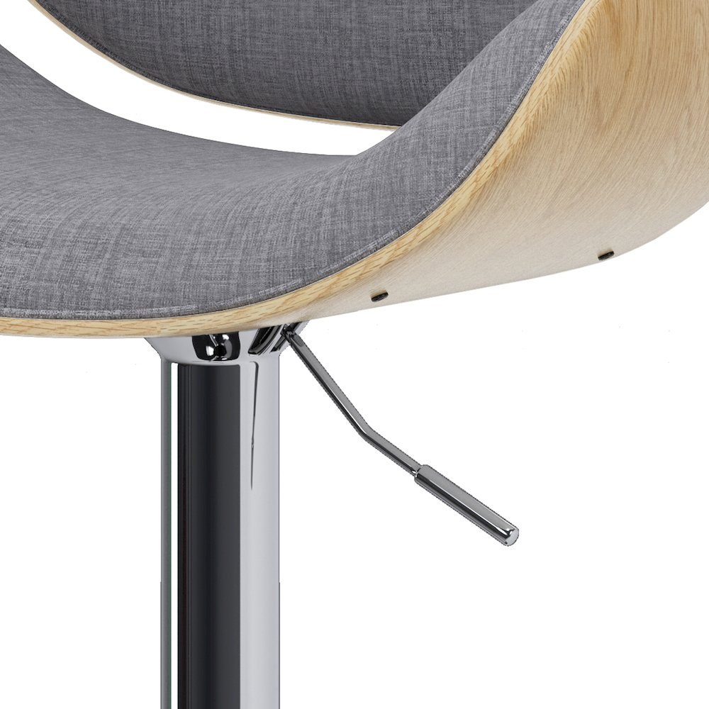 Marana Bentwood Adjustable Swivel Bar Stool In Light Grey Polyester Linen. Picture 4