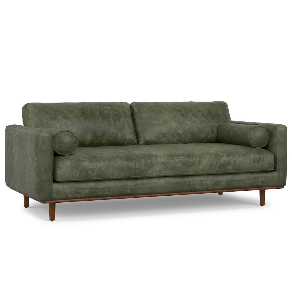 Morrison 89 inch Wide Mid-Century Modern Sofa in Moss Green Genuine Leather. Picture 1