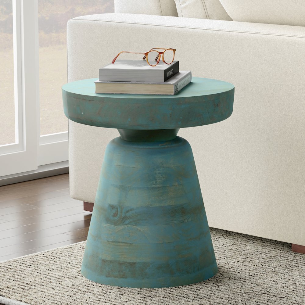16 inch Wide Round Boho Contemporary Rustic Accent Table in Teal Wash. Picture 7