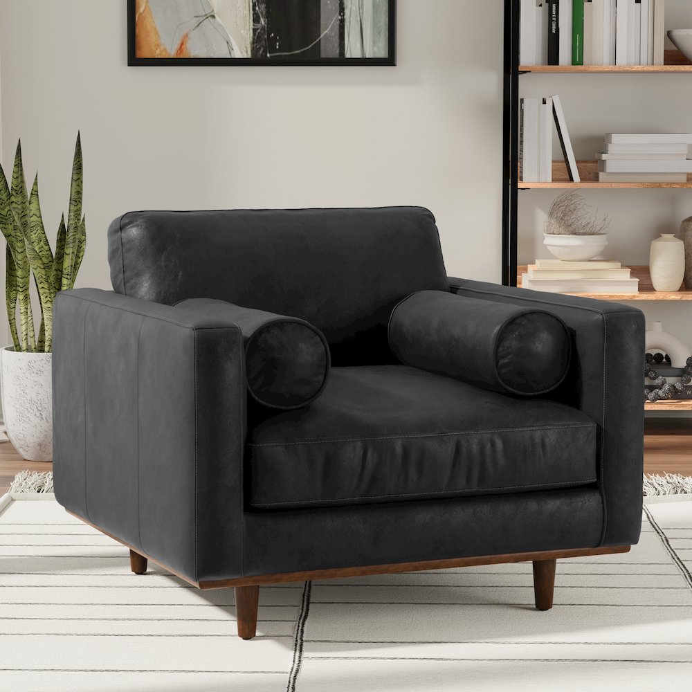 Mid-Century Modern Accent Chair In Lead Black Top Grain Genuine Leather. Picture 7
