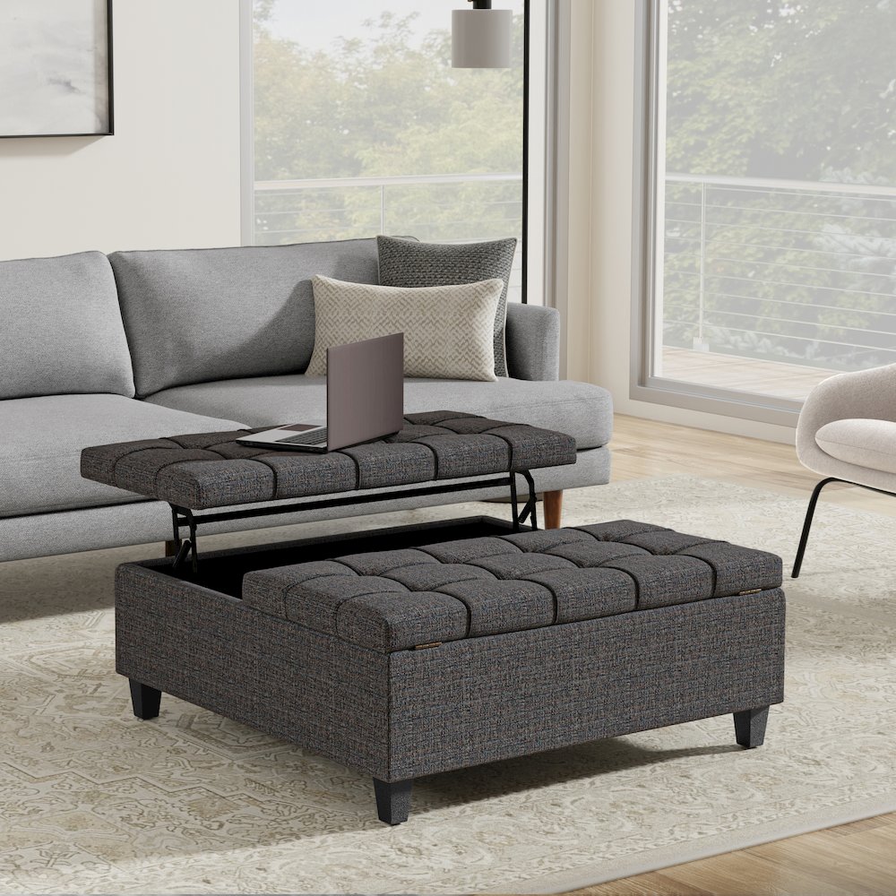 40 inch Wide Square Large Coffee Table Storage Ottoman in Ebony Polyester Tweed. Picture 7