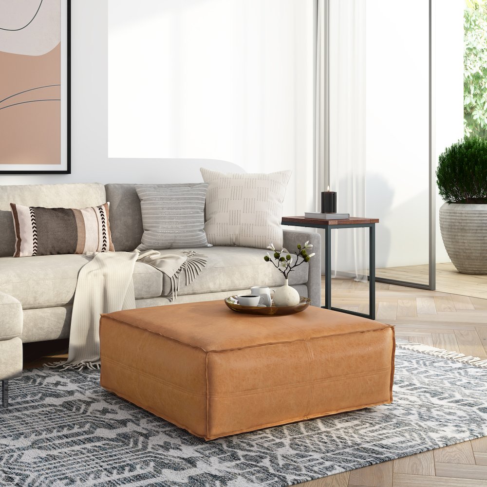 Brody Extra Large Coffee Table Pouf In Distressed Brown Vegan Faux Leather. Picture 5