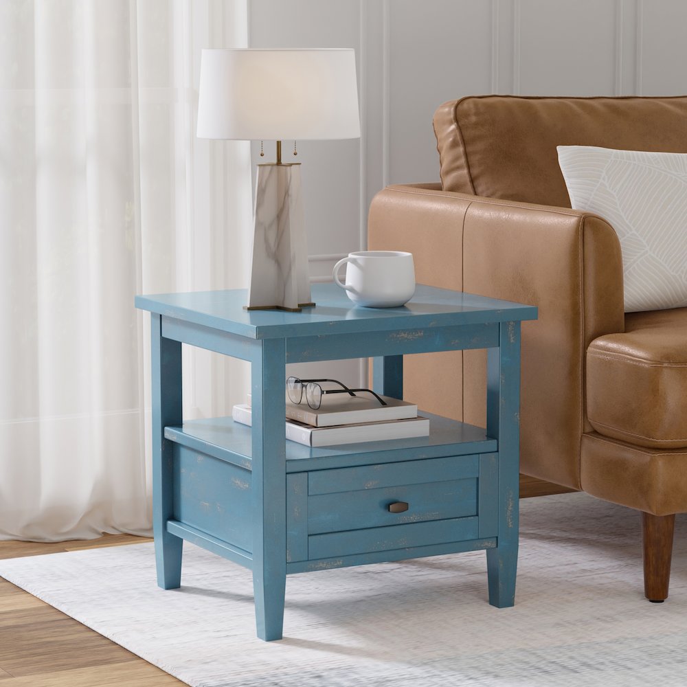 Solid Wood 20 inch Wide Transitional End Table in Distressed Coastal Blue. Picture 6
