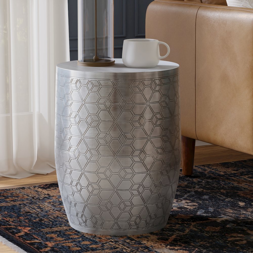 15"W Boho Geometric Pattern Metal Accent Table in Antique Silver Iron, Assembled. Picture 6